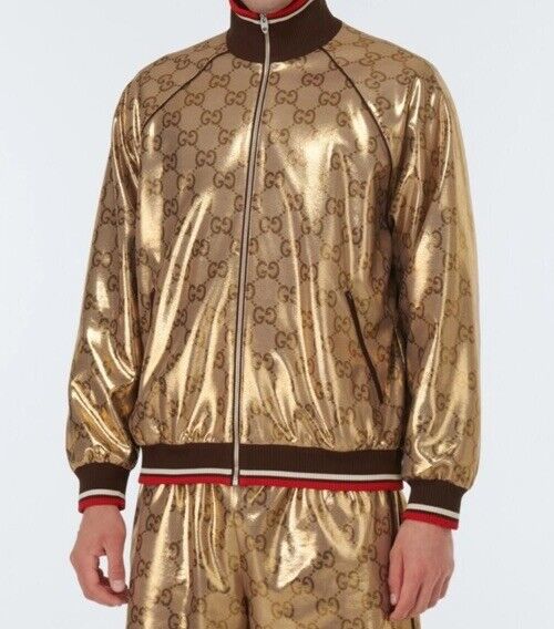 New $5400 Gucci Men’s GG-monogram Metallic Jersey Track Suit Gold XL New