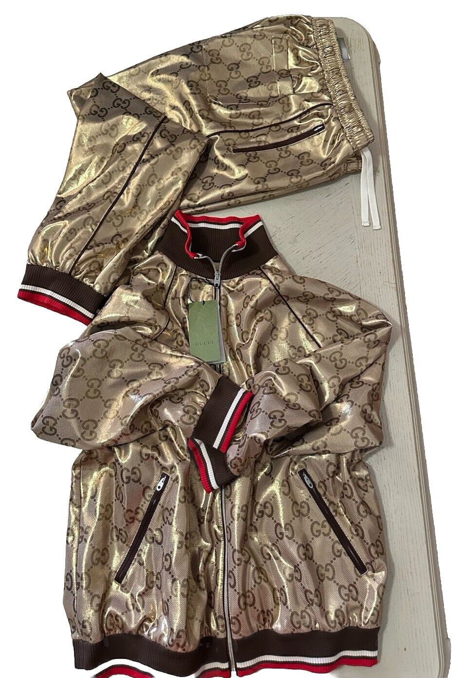 New $5400 Gucci Men’s GG-monogram Metallic Jersey Track Suit Gold XL New