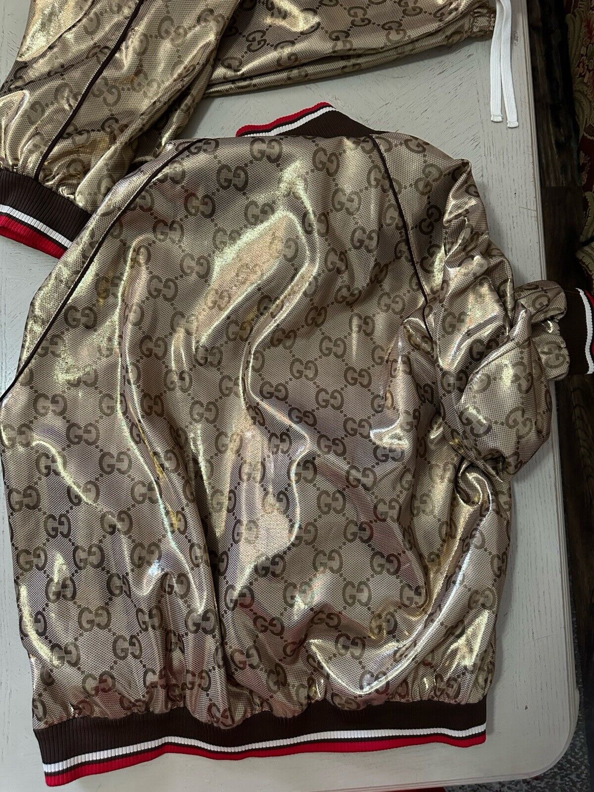 New $5400 Gucci Men’s GG-monogram Metallic Jersey Track Suit Gold XL New