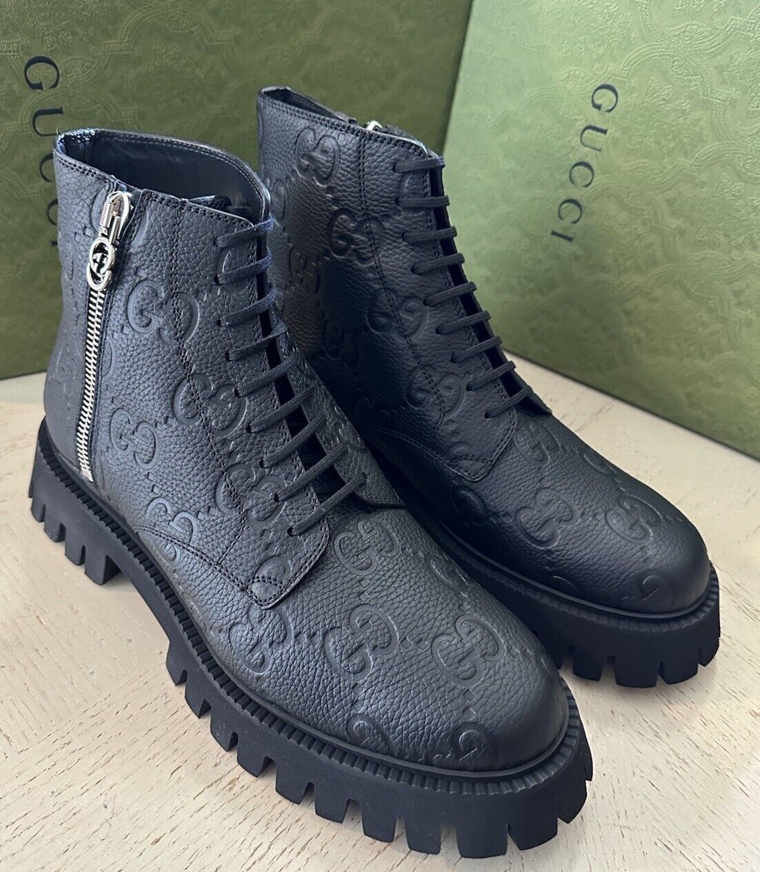 NIB Gucci Men GG Logo Leather Boots Shoes Black 12 US/11 UK 699584