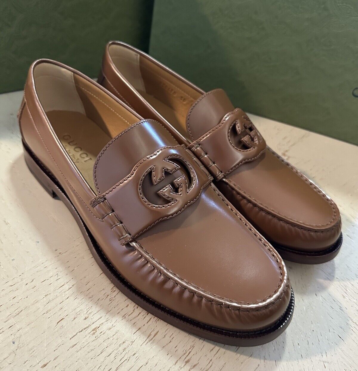 Gucci Mens GG Logo Leather Moccasin Loafers Shoes Brown 11 US/10 UK New 738470