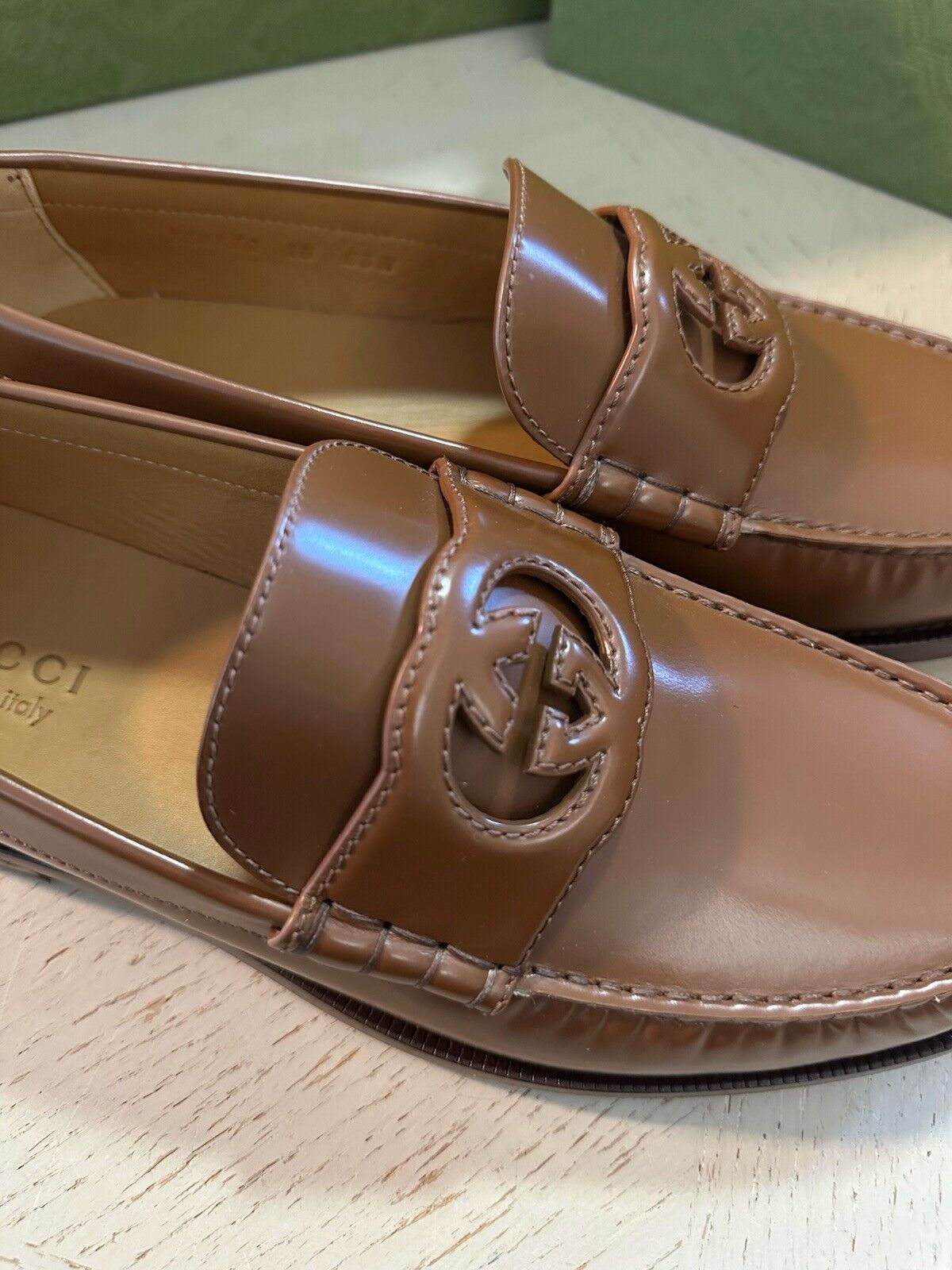 Gucci Mens GG Logo Leather Moccasin Loafers Shoes Brown 11 US/10 UK New 738470