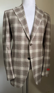 NWT $5500 Isaia Plaid Silk & Cashmere Sport Coat Blazer LT Brown 44R US/54R Eu