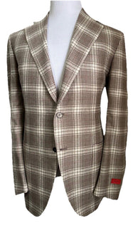 NWT $5500 Isaia Plaid Silk & Cashmere Sport Coat Blazer LT Brown 44R US/54R Eu