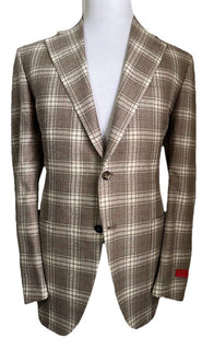 NWT $5500 Isaia Plaid Silk & Cashmere Sport Coat Blazer LT Brown 44R US/54R Eu