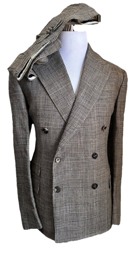 NWT $3295 Ralph Lauren Purple Label Silk/Lin. Glen Plaid Suit Cream/Black 44R US
