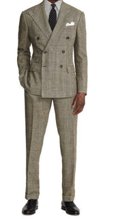 NWT $3295 Ralph Lauren Purple Label Silk/Lin. Glen Plaid Suit Cream/Black 44R US