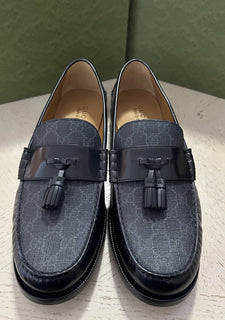 Gucci Mens GG Logo Leather Loafers Shoes Black 13.5 US (13 Gucci) IT NIB 673817