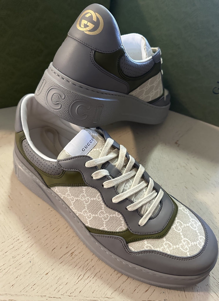 New Gucci Men Leather/Canvas GG Logo  Sneakers Gray/Green/Bei 14 US/13 UK 700641