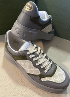 New Gucci Men Leather/Canvas GG Logo  Sneakers Gray/Green/Bei 14 US/13 UK 700641