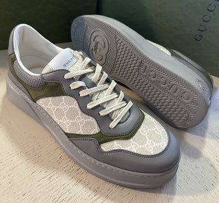 New Gucci Men Leather/Canvas GG Logo  Sneakers Gray/Green/Bei 14 US/13 UK 700641