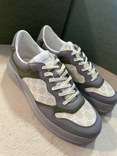 New Gucci Men Leather/Canvas GG Logo  Sneakers Gray/Green/Bei 14 US/13 UK 700641