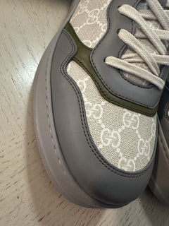 New Gucci Men Leather/Canvas GG Logo  Sneakers Gray/Green/Bei 14 US/13 UK 700641
