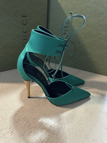 Gucci Women Satin Strap Pumps Sandal Shoes Green 6.5 US/36.5 Eu New 752966