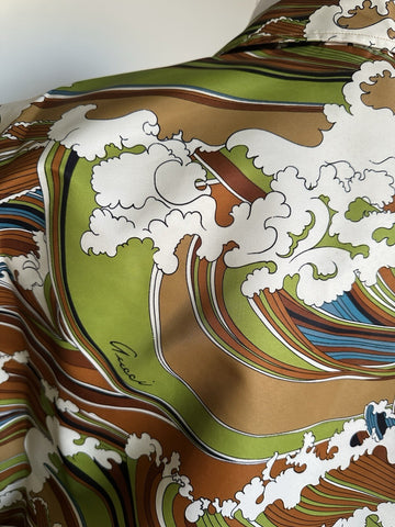 Gucci Men’s waves print fabric bowling Shirt Green/Multi 52 Eu/XL New $1600