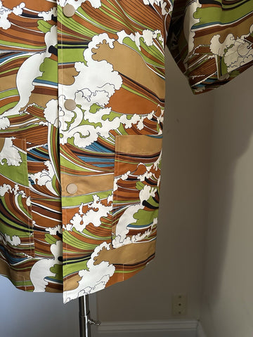 Gucci Men’s waves print fabric bowling Shirt Green/Multi 52 Eu/XL New $1600