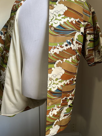 Gucci Men’s waves print fabric bowling Shirt Green/Multi 52 Eu/XL New $1600