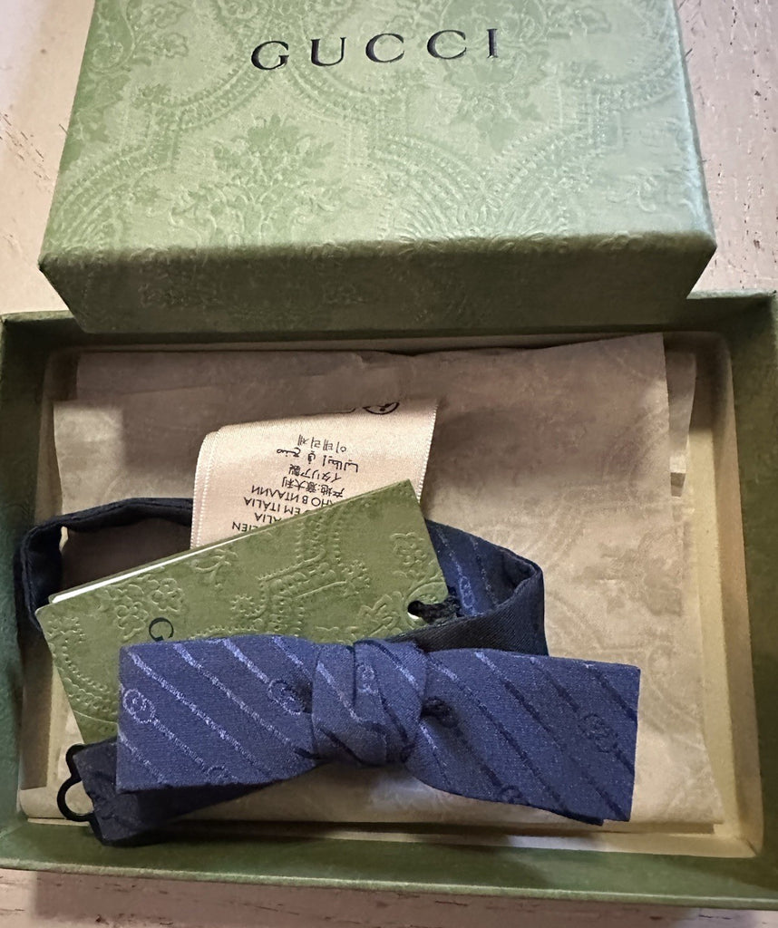 New Gucci Silk GG Print Skinny Bow Tie Blue Made in Italy