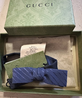 New Gucci Silk GG Print Skinny Bow Tie Blue Made in Italy