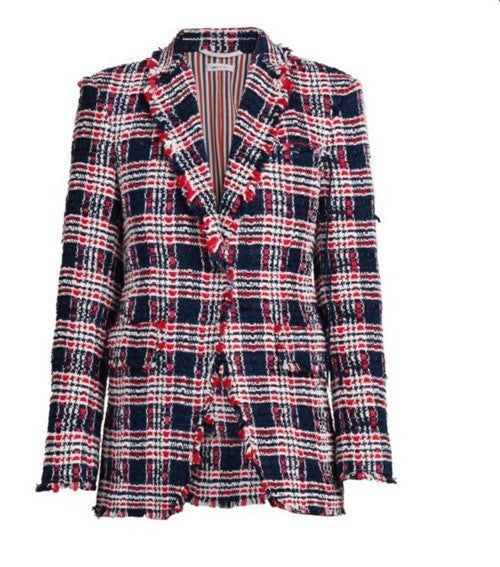 New $4900 Thom Browne Women Plaid Tweed Jacket RED WHITE BLUE 42/6 Italy