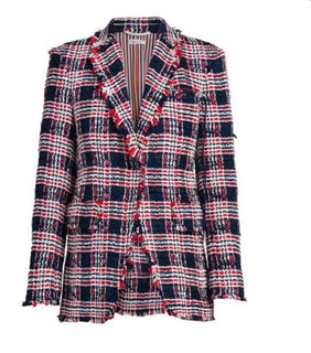 New $4900 Thom Browne Women Plaid Tweed Jacket RED WHITE BLUE 42/6 Italy