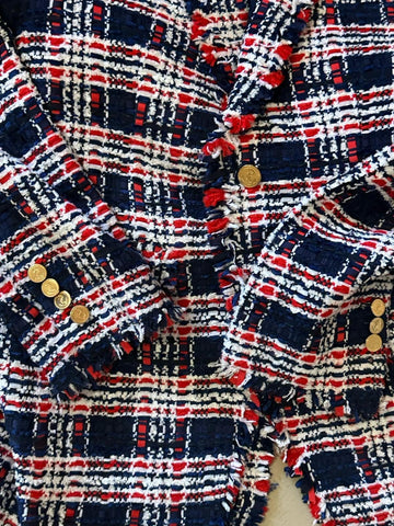New $4900 Thom Browne Women Plaid Tweed Jacket RED WHITE BLUE 42/6 Italy