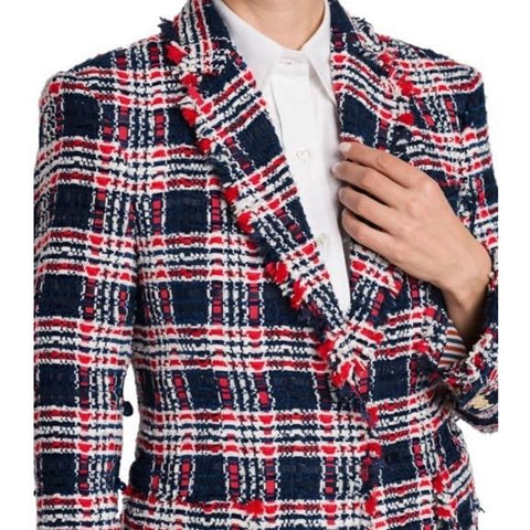 New $4900 Thom Browne Women Plaid Tweed Jacket RED WHITE BLUE 42/6 Italy