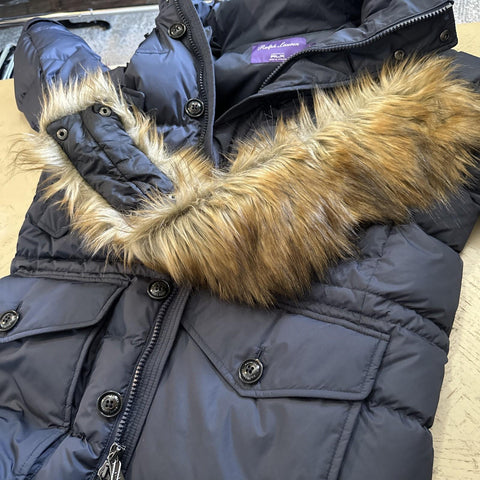 Ralph Lauren Purple Label RLX Faux Fur Hooded Trim Down Puffer Jacket Navy L New