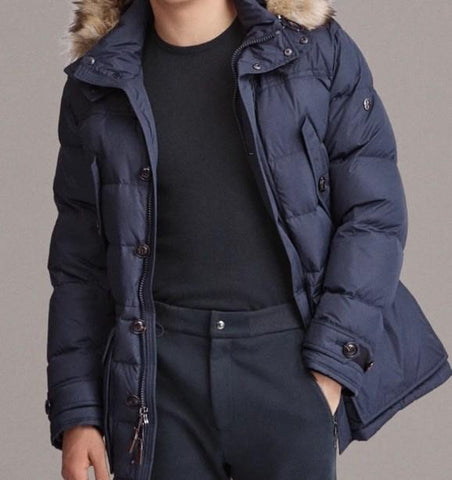 Ralph Lauren Purple Label RLX Faux Fur Hooded Trim Down Puffer Jacket Navy L New