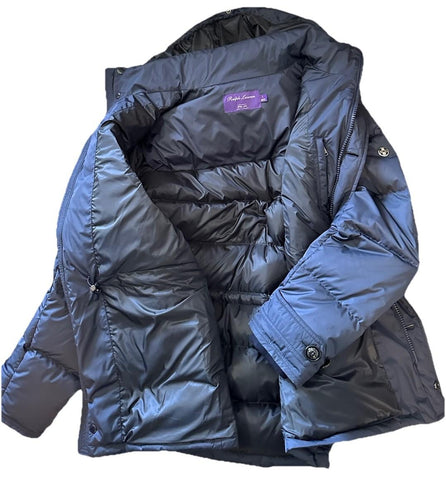 Ralph Lauren Purple Label RLX Faux Fur Hooded Trim Down Puffer Jacket Navy L New