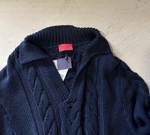 New $1795 Isaia Men Silk & Cotton-Blend Cable-Knit Polo Sweater Navy Size M