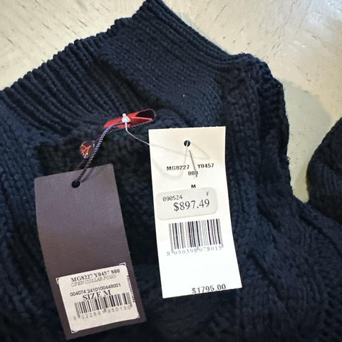 New $1795 Isaia Men Silk & Cotton-Blend Cable-Knit Polo Sweater Navy Size M