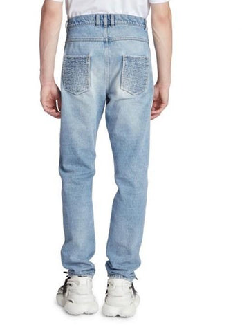 NWT $1350 Balmain Men Monogram Straight-Leg Jeans Pants Blue 32 US