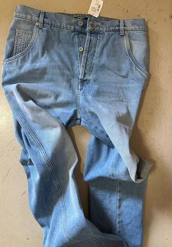 NWT $1350 Balmain Men Monogram Straight-Leg Jeans Pants Blue 32 US