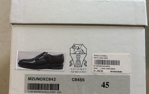 NIB $1495 Brunello Cucinelli Men Double Monk Leather Shoes DK Brown 12 US/45 Eu
