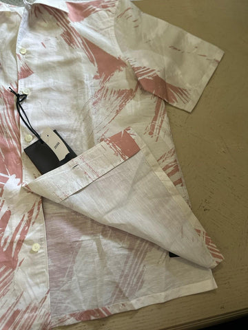 ZEGNA Men Linen Blend Short Sleeve Shirt White/Pink Size M New $890 Italy