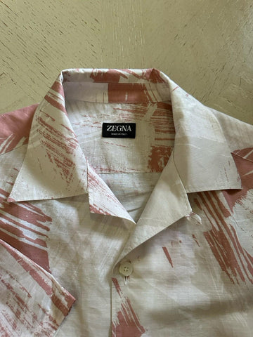 ZEGNA Men Linen Blend Short Sleeve Shirt White/Pink Size M New $890 Italy