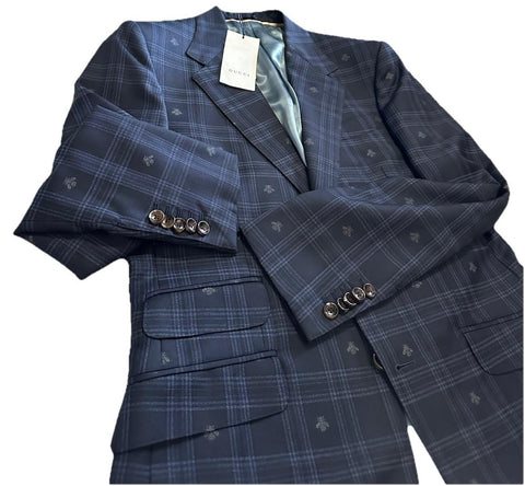 NWT $3900 Gucci Men Bee Check blue plaid pattern Suit Navy 40R US/50R Eu