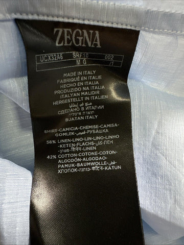 New $950 ZEGNA Men Linen Blend Button Down Shirt Blue Size M Italy