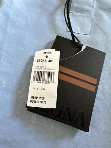 New $950 ZEGNA Men Linen Blend Button Down Shirt Blue Size XXL Italy