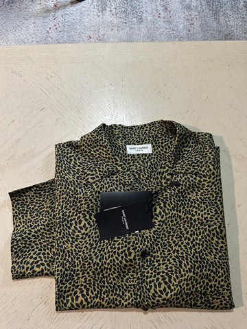 NWT $890 Saint Laurent Men Hawaii SL Print black leopard pattern Shirt Size L