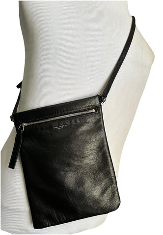 New Saint Laurent SID flat crossbody bag in antiqued lambskin Black 581697