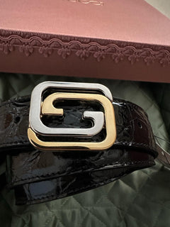 New $2250 Gucci Men Gucci Caiman Crocodile belt GG Buckle Black 80/32 715604