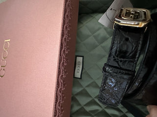 New $2250 Gucci Men Gucci Caiman Crocodile belt GG Buckle Black 80/32 715604