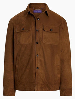 Ralph Lauren Purple Label Suede Down Shirt Jacket Brown Size L New $3295