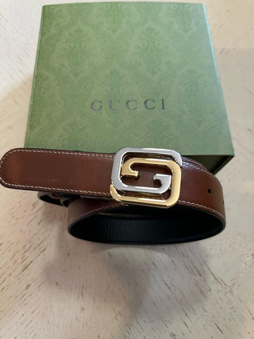 New Gucci Men Leather Reversible belt GG Buckle Black/Brown 75/30 715603