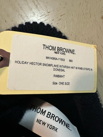 New Thom Browne Patterned Wool-Mohair Beanie NAVY WHTE RED One Size Italy