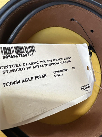 New $590 Fendi Men FF Logo Leather Belt Gray/Black 90/36