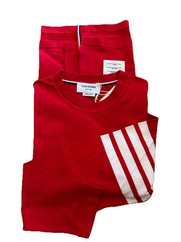 New Thom Browne Men Logo 4-Bar Graphic Jersey Cotton T-Shirt Red Size 3/L Italy