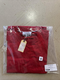 New Thom Browne Men Logo 4-Bar Graphic Jersey Cotton T-Shirt Red Size 3/L Italy